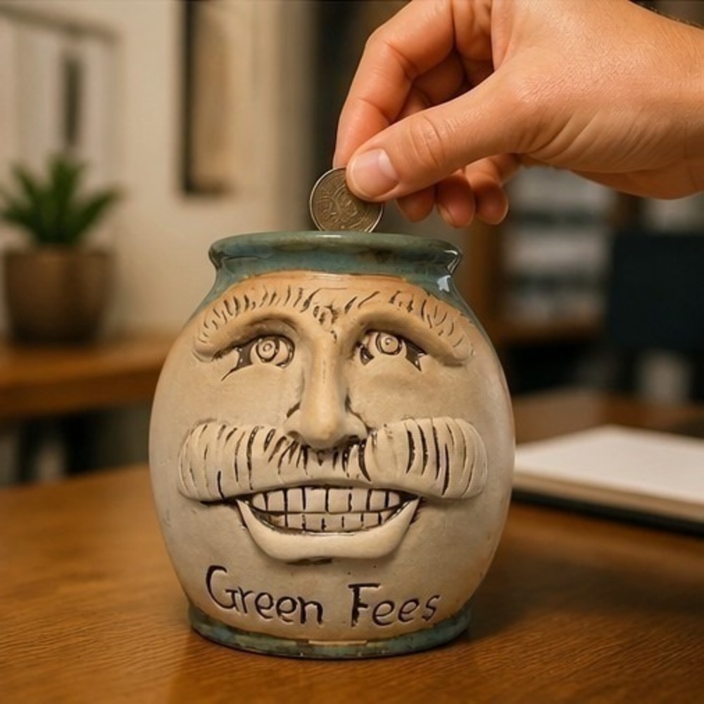 Booty Banks Green Fees Ceramic Face Jar Golf Coin Bank Stoneware 5"